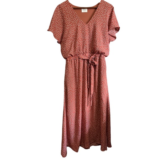 Sienna Sky Women's Large Polka Dot Midi Dress Short Sleeve Tie Waist Casual - Picture 1 of 5